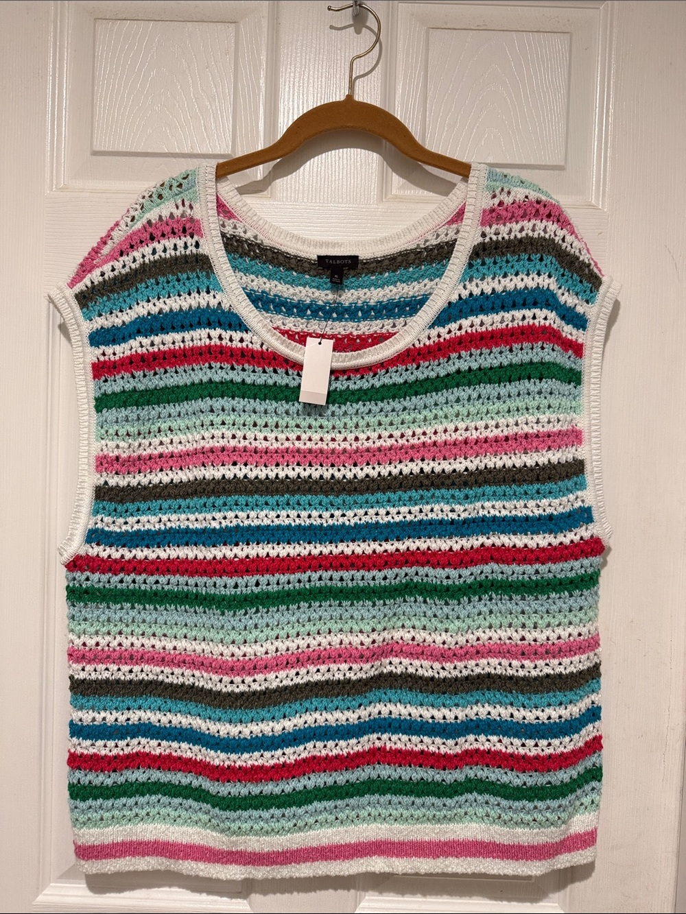 Talbots Striped Crochet Sleeveless Shell in Mint, Pink, Teal, Green & Red